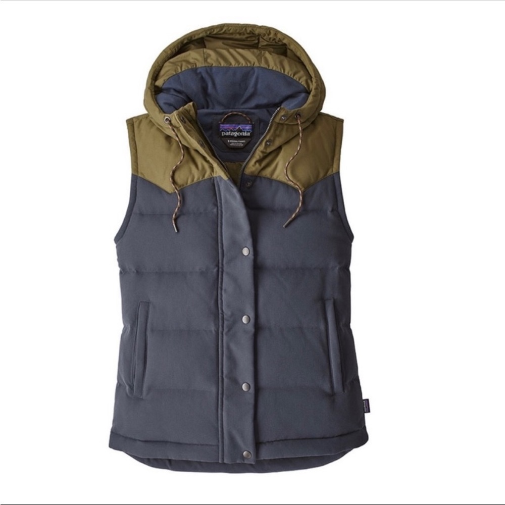 Patagonia Womens Bivy Hooded Vest Smolder Blue w/ Fatigue Green - Like New